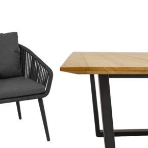CASA DOMA "Ribera/Falerna" Gartenmöbel-Set 5-teilig, Gestell Edelstahl anthrazit, Tisch und Bank Kufengestell, Sessel Rundrohr-Beine, Sitzschale Rundform, Rope anthrazit (vertikal breit), Kissen Tuvatextil® Panama grafito, Tischplatte und Bank-Sitzfläche Teakholz mit Schweizer Kante