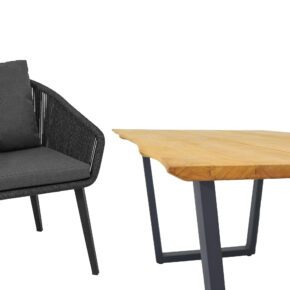 CASA DOMA "Ribera/Falerna" Gartenmöbel-Set 5-teilig, Gestell Edelstahl anthrazit, Tisch und Bank Kufengestell, Sessel Vierkant-Beine, Sitzschale Rundform, Rope anthrazit (vertikal rund), Kissen Tuvatextil® Panama grafito, Tischplatte und Bank-Sitzfläche Teakholz mit Baumkante