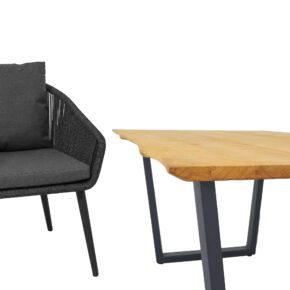 CASA DOMA "Ribera/Falerna" Gartenmöbel-Set 5-teilig, Gestell Edelstahl anthrazit, Tisch und Bank Kufengestell, Sessel Rundrohr-Beine, Sitzschale Rundform, Rope anthrazit (vertikal rund), Kissen Tuvatextil® Panama grafito, Tischplatte und Bank-Sitzfläche Teakholz mit Baumkante