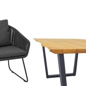 CASA DOMA "Ribera/Falerna" Gartenmöbel-Set 5-teilig, Gestell Edelstahl anthrazit, Tisch, Bank und Sessel Kufengestell, Sitzschale Rundform, Rope anthrazit (vertikal rund), Kissen Tuvatextil® Panama grafito, Tischplatte und Bank-Sitzfläche Teakholz mit Baumkante