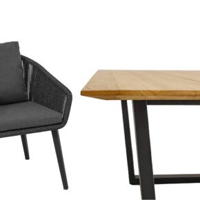 CASA DOMA "Ribera/Falerna" Gartenmöbel-Set 5-teilig, Gestell Edelstahl anthrazit, Tisch und Bank Kufengestell, Sessel Vierkant-Beine, Sitzschale Rundform, Rope anthrazit (vertikal rund), Kissen Tuvatextil® Panama grafito, Tischplatte und Bank-Sitzfläche Teakholz mit Schweizer Kante