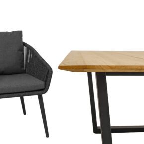 CASA DOMA "Ribera/Falerna" Gartenmöbel-Set 5-teilig, Gestell Edelstahl anthrazit, Tisch und Bank Kufengestell, Sessel Rundrohr-Beine, Sitzschale Rundform, Rope anthrazit (vertikal rund), Kissen Tuvatextil® Panama grafito, Tischplatte und Bank-Sitzfläche Teakholz mit Schweizer Kante