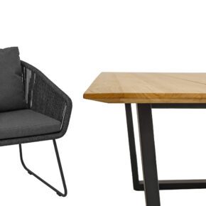 CASA DOMA "Ribera/Falerna" Gartenmöbel-Set 5-teilig, Gestell Edelstahl anthrazit, Tisch, Bank und Sessel Kufengestell, Sitzschale Rundform, Rope anthrazit (vertikal rund), Kissen Tuvatextil® Panama grafito, Tischplatte und Bank-Sitzfläche Teakholz mit Schweizer Kante