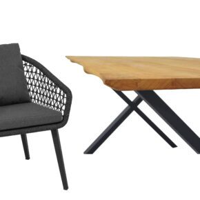 CASA DOMA "Ribera/Falerna" Gartenmöbel-Set 5-teilig, Gestell Edelstahl anthrazit, Tisch und Bank X-Gestell, Sessel Vierkant-Beine, Sitzschale Rundform, Rope anthrazit (Knoten), Kissen Tuvatextil® Panama grafito, Tischplatte und Bank-Sitzfläche Teakholz mit Baumkante