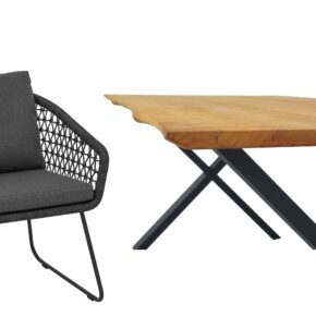 CASA DOMA "Ribera/Falerna" Gartenmöbel-Set 5-teilig, Gestell Edelstahl anthrazit, Tisch und Bank X-Gestell, Sessel Kufengestell, Sitzschale Rundform, Rope anthrazit (Knoten), Kissen Tuvatextil® Panama grafito, Tischplatte und Bank-Sitzfläche Teakholz mit Baumkante