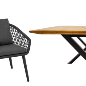 CASA DOMA "Ribera/Falerna" Gartenmöbel-Set 5-teilig, Gestell Edelstahl anthrazit, Tisch und Bank X-Gestell, Sessel Vierkant-Beine, Sitzschale Rundform, Rope anthrazit (Knoten), Kissen Tuvatextil® Panama grafito, Tischplatte und Bank-Sitzfläche Teakholz mit Schweizer Kante
