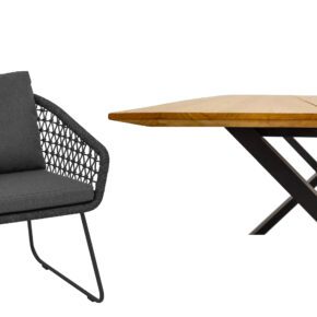 CASA DOMA "Ribera/Falerna" Gartenmöbel-Set 5-teilig, Gestell Edelstahl anthrazit, Tisch und Bank X-Gestell, Sessel Kufengestell, Sitzschale Rundform, Rope anthrazit (Knoten), Kissen Tuvatextil® Panama grafito, Tischplatte und Bank-Sitzfläche Teakholz mit Schweizer Kante
