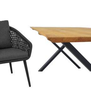 CASA DOMA "Ribera/Falerna" Gartenmöbel-Set 5-teilig, Gestell Edelstahl anthrazit, Tisch und Bank X-Gestell, Sessel Rundrohr-Beine, Sitzschale Rundform, Rope anthrazit (Raute), Kissen Tuvatextil® Panama grafito, Tischplatte und Bank-Sitzfläche Teakholz mit Baumkante