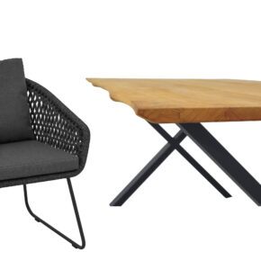 CASA DOMA "Ribera/Falerna" Gartenmöbel-Set 5-teilig, Gestell Edelstahl anthrazit, Tisch und Bank X-Gestell, Sessel Kufengestell, Sitzschale Rundform, Rope anthrazit (Raute), Kissen Tuvatextil® Panama grafito, Tischplatte und Bank-Sitzfläche Teakholz mit Baumkante