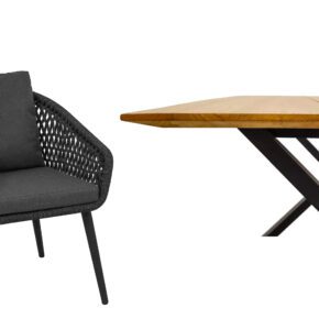 CASA DOMA "Ribera/Falerna" Gartenmöbel-Set 5-teilig, Gestell Edelstahl anthrazit, Tisch und Bank X-Gestell, Sessel Rundrohr-Beine, Sitzschale Rundform, Rope anthrazit (Raute), Kissen Tuvatextil® Panama grafito, Tischplatte und Bank-Sitzfläche Teakholz mit Schweizer Kante