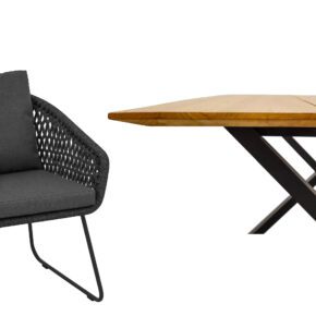 CASA DOMA "Ribera/Falerna" Gartenmöbel-Set 5-teilig, Gestell Edelstahl anthrazit, Tisch und Bank X-Gestell, Sessel Kufengestell, Sitzschale Rundform, Rope anthrazit (Raute), Kissen Tuvatextil® Panama grafito, Tischplatte und Bank-Sitzfläche Teakholz mit Schweizer Kante