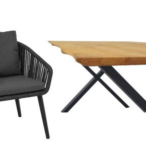 CASA DOMA "Ribera/Falerna" Gartenmöbel-Set 5-teilig, Gestell Edelstahl anthrazit, Tisch und Bank X-Gestell, Sessel Vierkant-Beine, Sitzschale Rundform, Rope anthrazit (vertikal breit), Kissen Tuvatextil® Panama grafito, Tischplatte und Bank-Sitzfläche Teakholz mit Baumkante