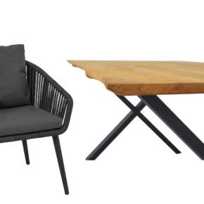 CASA DOMA "Ribera/Falerna" Gartenmöbel-Set 5-teilig, Gestell Edelstahl anthrazit, Tisch und Bank X-Gestell, Sessel Rundrohr-Beine, Sitzschale Rundform, Rope anthrazit (vertikal breit), Kissen Tuvatextil® Panama grafito, Tischplatte und Bank-Sitzfläche Teakholz mit Baumkante