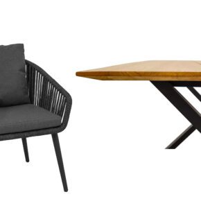 CASA DOMA "Ribera/Falerna" Gartenmöbel-Set 5-teilig, Gestell Edelstahl anthrazit, Tisch und Bank X-Gestell, Sessel Rundrohr-Beine, Sitzschale Rundform, Rope anthrazit (vertikal breit), Kissen Tuvatextil® Panama grafito, Tischplatte und Bank-Sitzfläche Teakholz mit Schweizer Kante