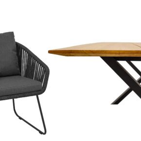 CASA DOMA "Ribera/Falerna" Gartenmöbel-Set 5-teilig, Gestell Edelstahl anthrazit, Tisch und Bank X-Gestell, Sessel Kufengestell, Sitzschale Rundform, Rope anthrazit (vertikal breit), Kissen Tuvatextil® Panama grafito, Tischplatte und Bank-Sitzfläche Teakholz mit Schweizer Kante