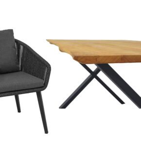 CASA DOMA "Ribera/Falerna" Gartenmöbel-Set 5-teilig, Gestell Edelstahl anthrazit, Tisch und Bank X-Gestell, Sessel Vierkant-Beine, Sitzschale Rundform, Rope anthrazit (vertikal rund), Kissen Tuvatextil® Panama grafito, Tischplatte und Bank-Sitzfläche Teakholz mit Baumkante