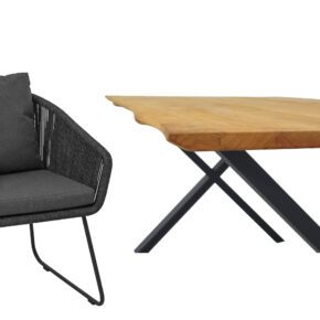 CASA DOMA "Ribera/Falerna" Gartenmöbel-Set 5-teilig, Gestell Edelstahl anthrazit, Tisch und Bank X-Gestell, Sessel Kufengestell, Sitzschale Rundform, Rope anthrazit (vertikal rund), Kissen Tuvatextil® Panama grafito, Tischplatte und Bank-Sitzfläche Teakholz mit Baumkante