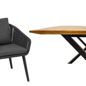 CASA DOMA "Ribera/Falerna" Gartenmöbel-Set 5-teilig, Gestell Edelstahl anthrazit, Tisch und Bank X-Gestell, Sessel Vierkant-Beine, Sitzschale Rundform, Rope anthrazit (vertikal rund), Kissen Tuvatextil® Panama grafito, Tischplatte und Bank-Sitzfläche Teakholz mit Schweizer Kante
