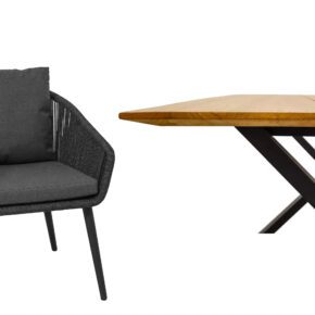 CASA DOMA "Ribera/Falerna" Gartenmöbel-Set 5-teilig, Gestell Edelstahl anthrazit, Tisch und Bank X-Gestell, Sessel Rundrohr-Beine, Sitzschale Rundform, Rope anthrazit (vertikal rund), Kissen Tuvatextil® Panama grafito, Tischplatte und Bank-Sitzfläche Teakholz mit Schweizer Kante