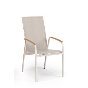 SIT Mobilia "Limbo move" Stapelsessel, Aluminium powder/ecru Textilgewebe Phifertex sibirian, Armlehnen Teak
