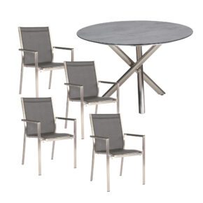Gartenmöbel-Set 5-tlg. mit Stern Stapelsessel "Cardiff" und CASA DOMA Gartentisch "Perano" Ø 120 cm, Gestelle Edelstahl, Sitzfläche Textilgewebe silbergrau, Tischplatte HPL Chromix anthrazit