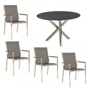 Gartenmöbel-Set 5-tlg. mit Stern Stapelsessel "Cardiff" und CASA DOMA Gartentisch "Perano" Ø 120 cm, Gestelle Edelstahl, Sitzfläche Textilgewebe silbergrau, Tischplatte HPL Scivaro Schiefer