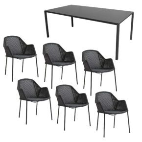 Cane-line Gartenmöbel-Set mit Stapelstuhl Breeze, Polyrattan schwarz und Gartentisch Pure, Gestell Alu lavagrau, Tischplatte Keramik nero black, 200 x 100 cm