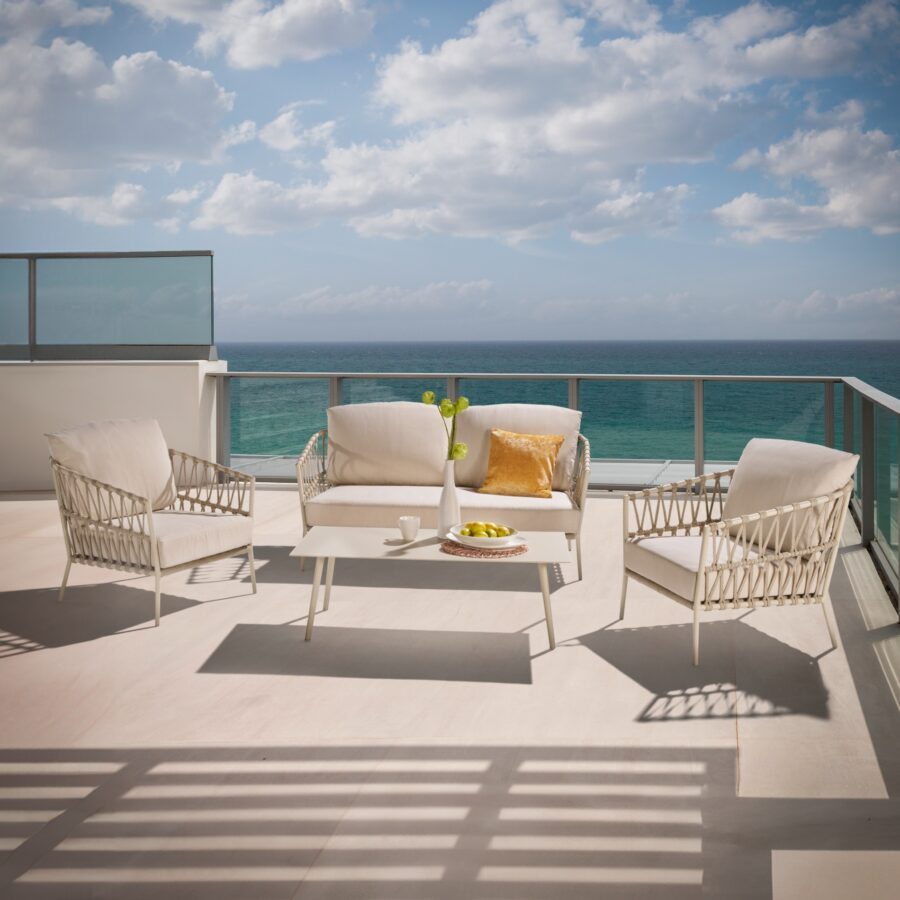 CASA DOMA Loungeset mit Loungesofa und Loungesessel "Messina", Aluminium cream, Rope fossil, Kissen beige und Loungetisch "Arista", Aluminium cream