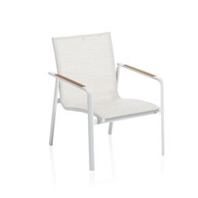 Kettler “Diamond“ Loungesessel, Gestell Aluminium weiß matt, Sitzfläche Textilgewebe beige, Armlehnen Teak