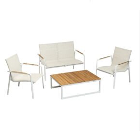 Kettler "Diamond" Loungeset mit "Ocean Skid Platform" Loungetisch, Gestelle Aluminium weiß matt, Sitz Textilgewebe beige, Armlehnen & Tischplatte Teak