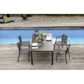 Kettler "Lago" Stapelstuhl, Gestell und Sitzfläche Kunststoff grau, mit Tisch "Cubic", Gestell Aluminium anthrazit Tischplatte Kettalux-Plus anthrazit in Schieferoptik