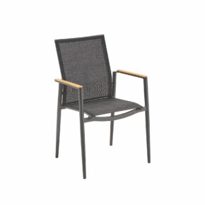 Liadomo "Mannoli" Stapelstuhl, Alu anthrazit, Textilgewebe anthrazit, Armlehne Teak
