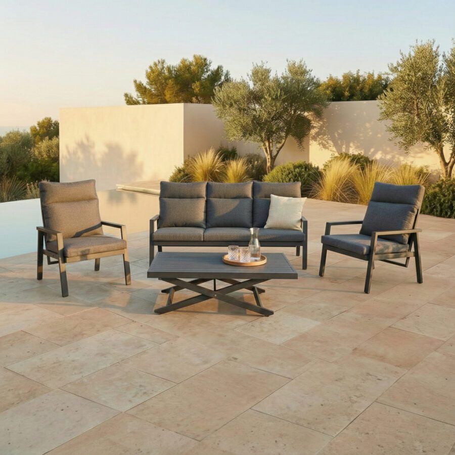 Liadomo "Scapoli" Loungeset 4-teilig, Aluminium anthrazit, Bezüge Olefin grau (Bild KI-generiert)