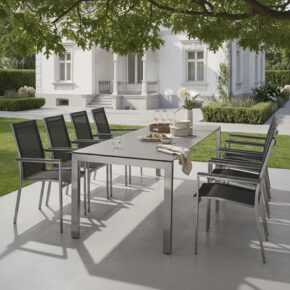 CASA DOMA Set mit Ausziehtisch "Amato" 160/210/260 x 90 cm, und Liadomo Stuhl "Motta", Gestelle Edelstahl, Sitz Textil anthrazit, Platte HPL (Bild KI-generiert)