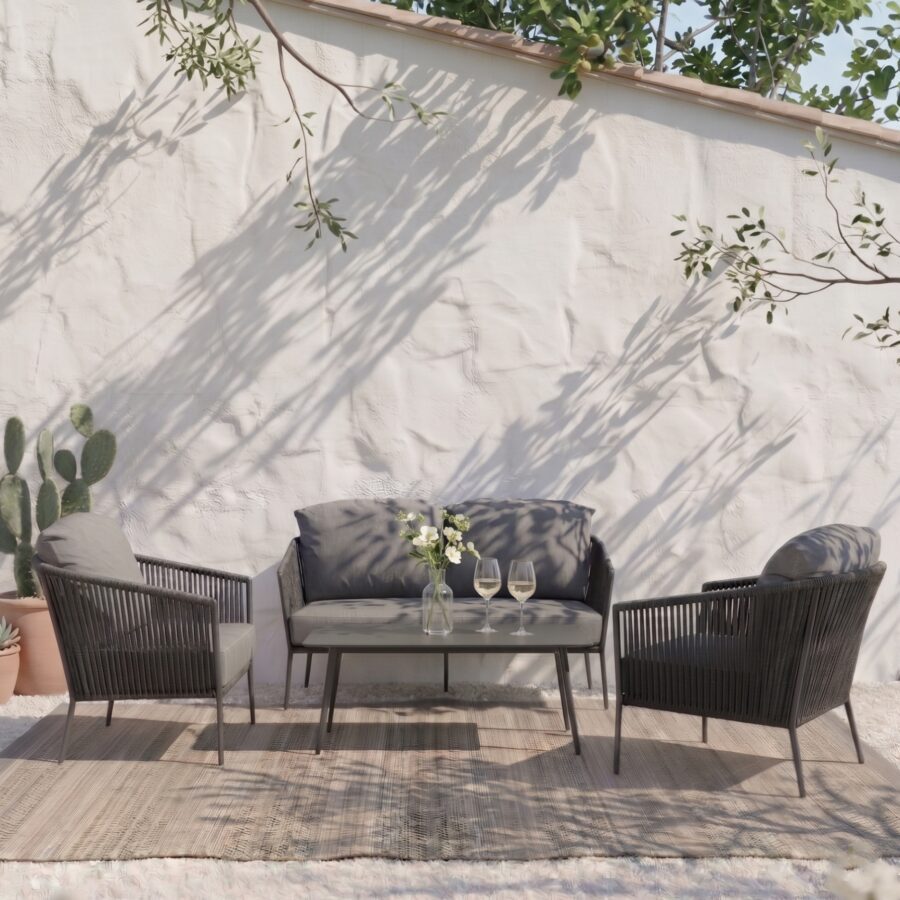 CASA DOMA Loungeset mit Loungesofa und Loungesessel "Falcone", Aluminium anthrazit, Rope anthrazit und Loungetisch "Arista", Aluminium anthrazit (Bild KI-generiert)