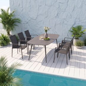 CASA DOMA "Napola" Gartentisch 240x100 cm, Aluminium anthrazit, Tischplatte HPL chromix anthrazit und Liadomo "Mannoli" Stapelstuhl, Aluminium anthrazit, Textilgewebe anthrazit, Armlehne Aluminium