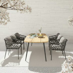 CASA DOMA Set mit "Messina" Diningsessel, Alu und Rope anthrazit mit "Napola" Gartentisch 240x100 cm, Alu anthrazit/Teak (Bild KI-generiert)