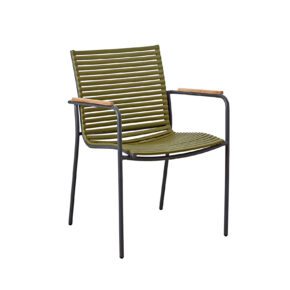 Cinas "Mood Classic" Stapelstuhl, Gestell Aluminium anthrazit, Sitzfläche Kunststoff-Lamellen oliv, Teak-Armlehnen