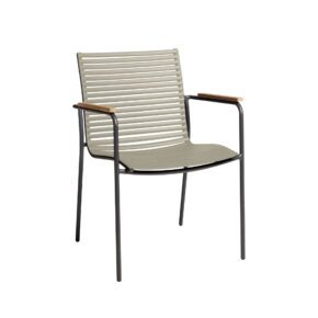 Cinas "Mood Classic" Stapelstuhl, Gestell Aluminium anthrazit, Sitzfläche Kunststoff-Lamellen sandy grey, Teak-Armlehnen
