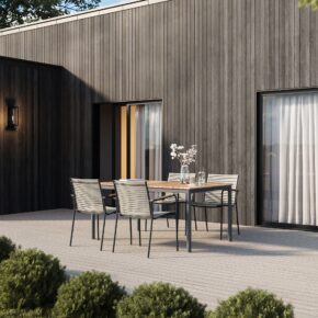 Cinas Gartenmöbel-Set mit Gartenstuhl "Mood Classic" Kunststoff-Lamellen sandy grey, Aluminium-Gestell anthrazit, Teak-Armlehnen und Gartentisch "Mood Classic Midway" mit Teakplanken 159x100 cm