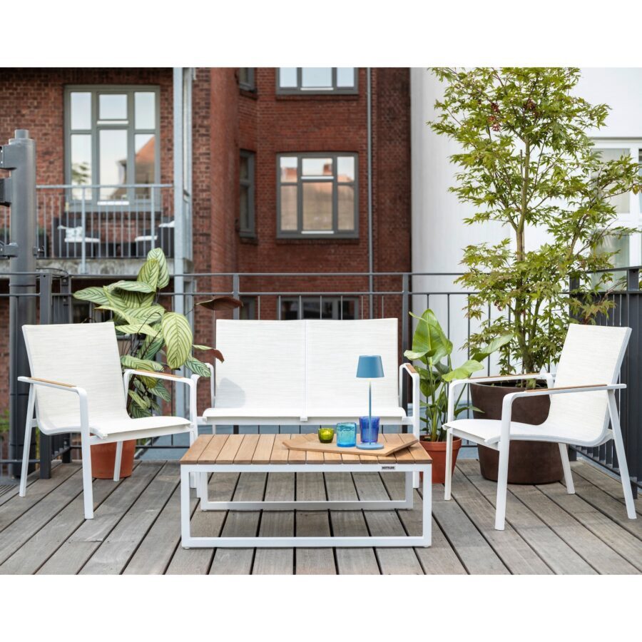 Kettler "Diamond" Loungeset mit "Ocean Skid Platform" Loungetisch, Gestelle Aluminium weiß matt, Sitz Textilgewebe beige, Armlehnen und Tischplatte Teak