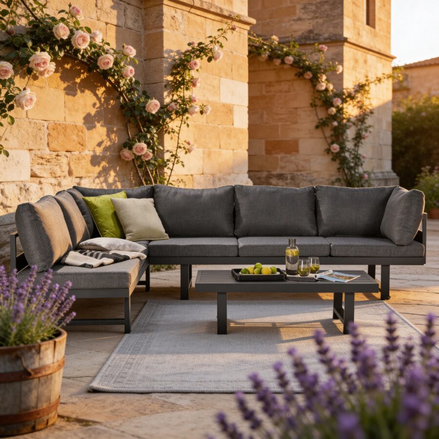 Liadomo "Callipo" Loungeset 3-teilig, Alu anthrazit, Kissen Olefin grau (Bild KI generiert)