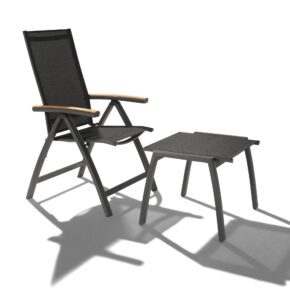 Liadomo "Ricadi" Klappsessel mit Hocker, Alu anthrazit, Textilgewebe anthrazit, Armlehnen Teak