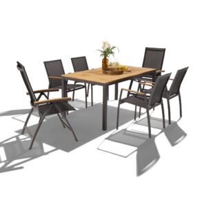 Liadomo Set mit "Scalea" Tisch 160x90 cm, Alu anthrazit, Tischplatte Teak und "Ricadi" Klappsessel, Alu anthrazit, Textilgewebe anthrazit, Armlehnen Teak