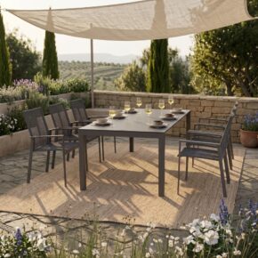 Gartenmöbel-Set 7-tlg. mit CASA DOMA "Amato" Ausziehtisch 210/270/330 cm, Edelstahl/HPL und Liadomo "Limbadi" Stapelstuhl Alu/Rope/Textilen anthrazit (Bild KI-generiert)