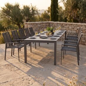 Gartenmöbel-Set 11-tlg. mit CASA DOMA "Amato" Ausziehtisch 210/270/330 cm, Edelstahl/HPL und Liadomo "Limbadi" Stapelstuhl Alu/Rope/Textilen anthrazit (Bild KI-generiert)