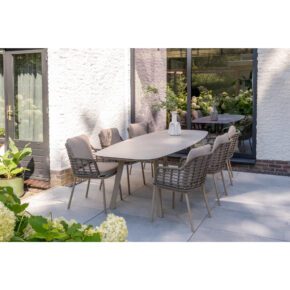 4Seasons Outdoor Set mit Tisch "Manolo" 240x103 cm, Tischplatte Keramik hellgrau mit Diningsessel "Puglia" Rope taupe, Bezug latte, Aluminium latte