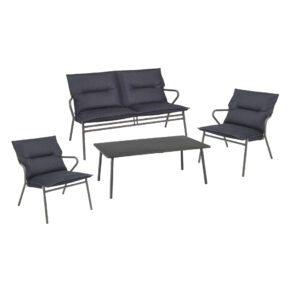 Lafuma "Vence" Loungeset 4-tlg., Gestelle und Tischplatte Stahl titane, Bespannung Sitzmöbel Batyline® DUO grey, abnehmbare Polsterung BeComfort® dark grey