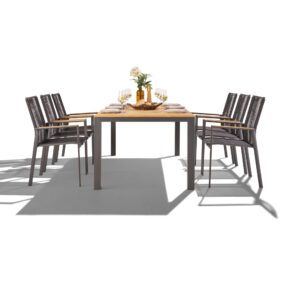 Liadomo Set 7-tlg. mit "Scalea" Tisch 210x100 cm, Aluminium anthrazit, Tischplatte Teak und "Limbadi" Stapelstuhl, Aluminium anthrazit, Rope anthrazit, Armlehnen Teak