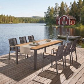 Liadomo Set 7-tlg. mit "Scalea" Tisch 210x100 cm, Aluminium anthrazit, Tischplatte Teak und "Limbadi" Stapelstuhl, Aluminium anthrazit, Rope anthrazit, Armlehnen Teak (Bild KI-generiert)
